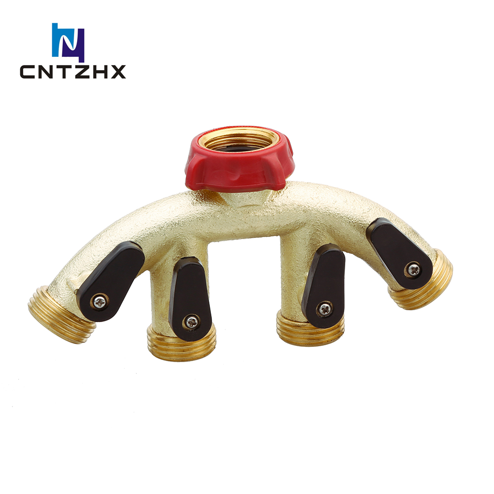 Brass Garden Hose Splitter (4 Way), Solid Brass Hose Connector 3/4"