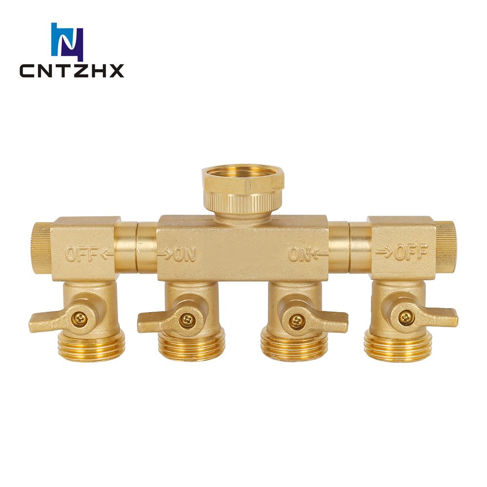Brass 4-way hose splitter with 2 branches 360 degree rotation
