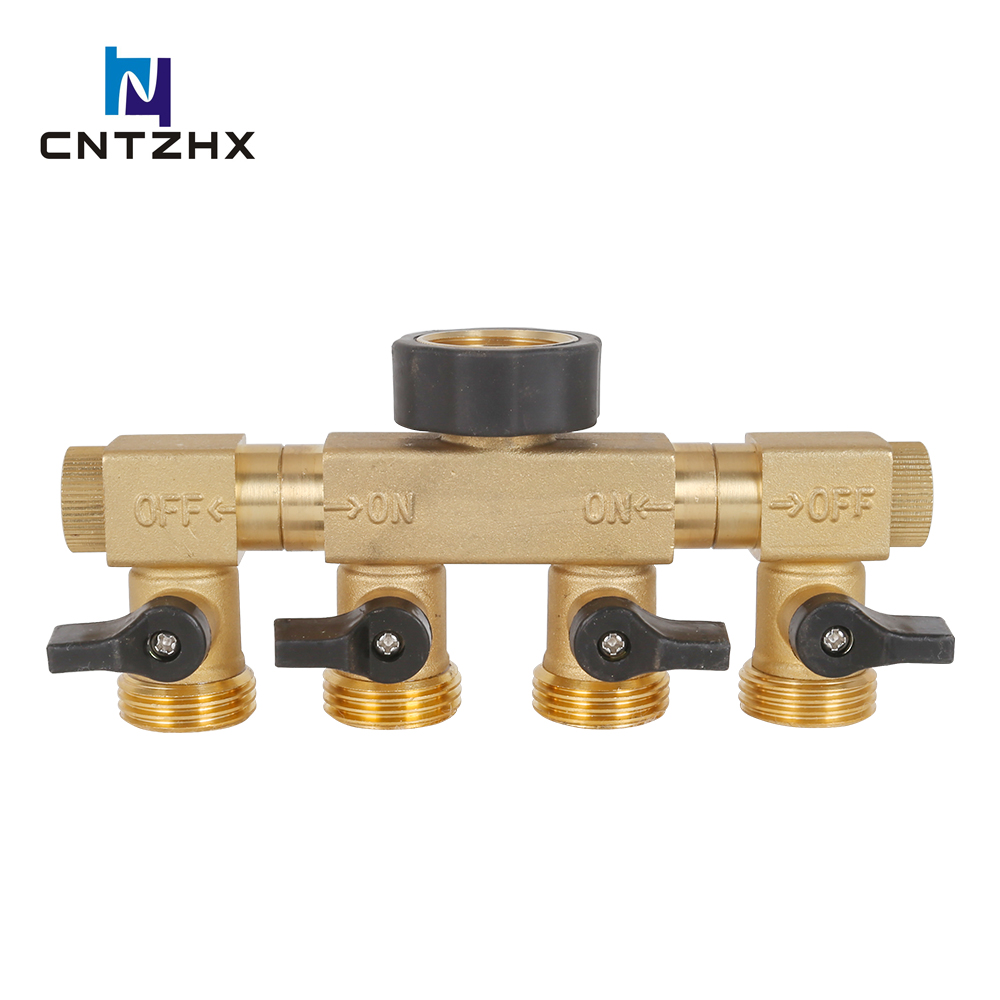 Brass 4-way hose splitter with 2 branches 360 degree rotation