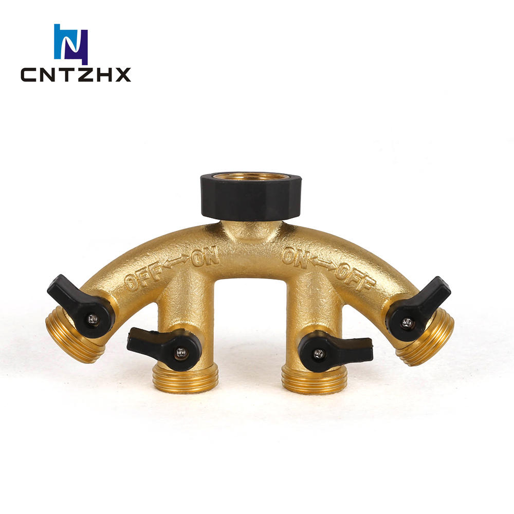 Brass Garden Hose Splitter (4 Way), Solid Brass Hose Connector 3/4"